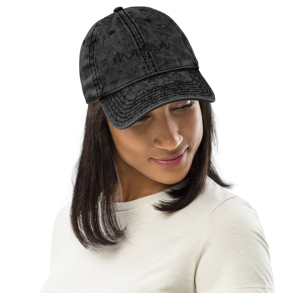 AMILLIARDI Mama Vintage Cotton Twill Hat - Black | Washed-Out Vintage Feel | Embroidered Detail