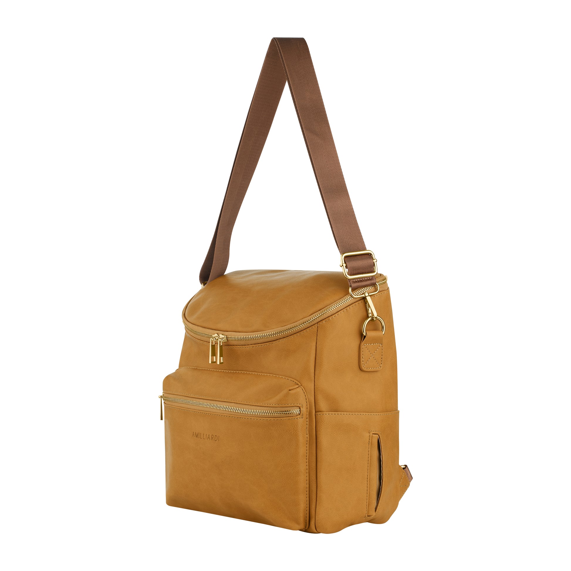 Amilliardi Diaper Bag Backpack - 2 Insulated Bottle Holders - Detachable Stroller Straps - Caramel Vegan Leather - Small